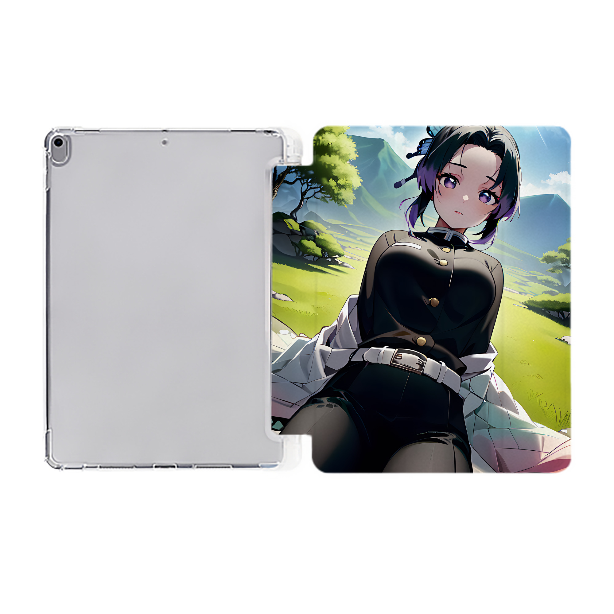 （画像用） 鬼滅の刃（きめつのやいば）蟲柱-胡蝶 しのぶ／こちょう しのぶ Kochou Shinobu IPad ケース ペン収納付き 三つ折りスタンド PUレザー×シリコン 対応機種9.5/10.5/10.9インチ